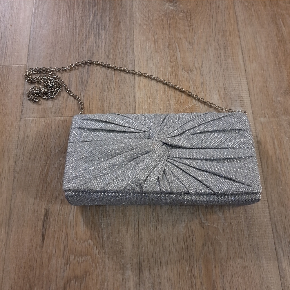 d'margeaux Silver Glitter Knot-Front Evening Clutch with Chain Strap